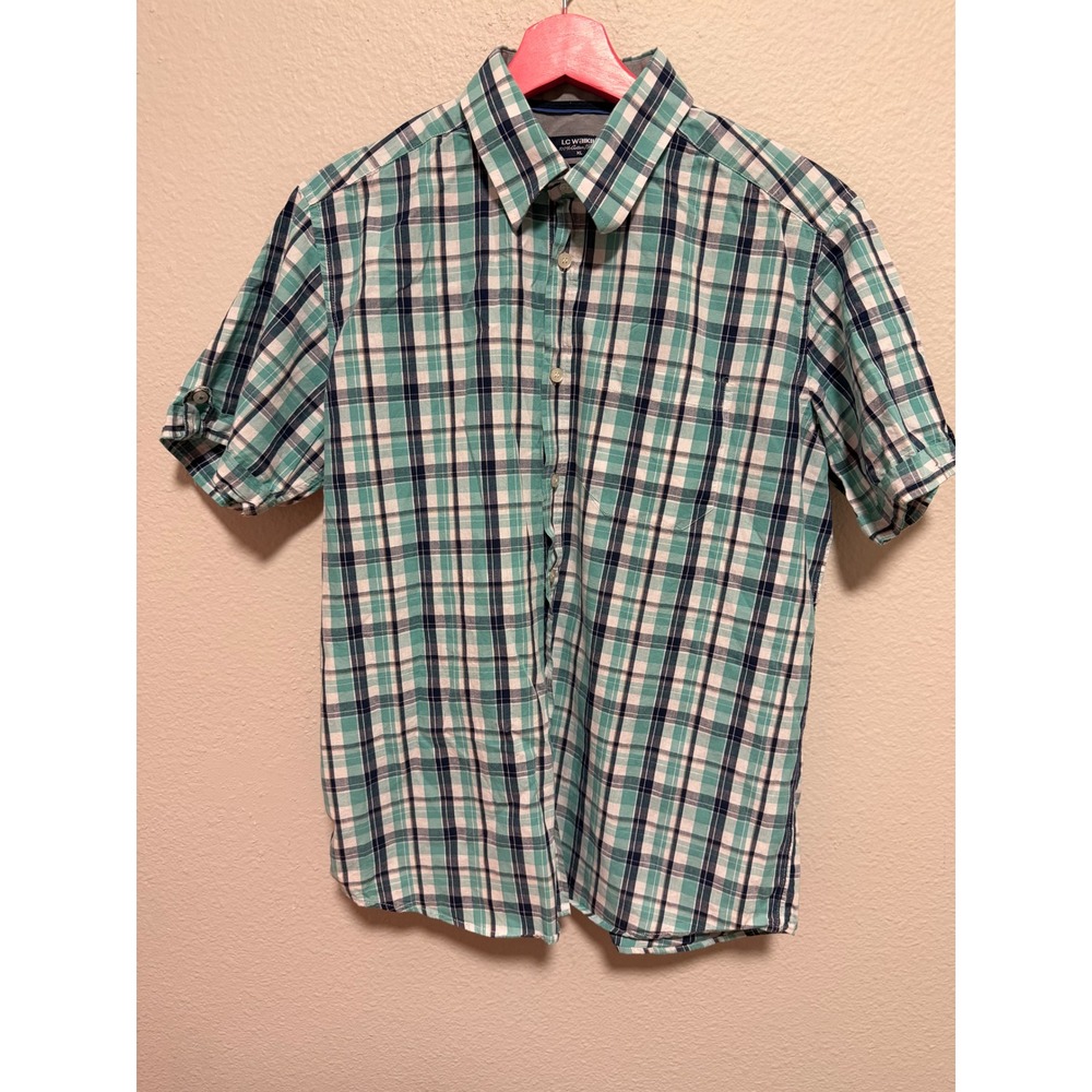 LC Waikiki Mens XL Short Sleeve Button Down Shirt Mint Green Plaid Standard Fit